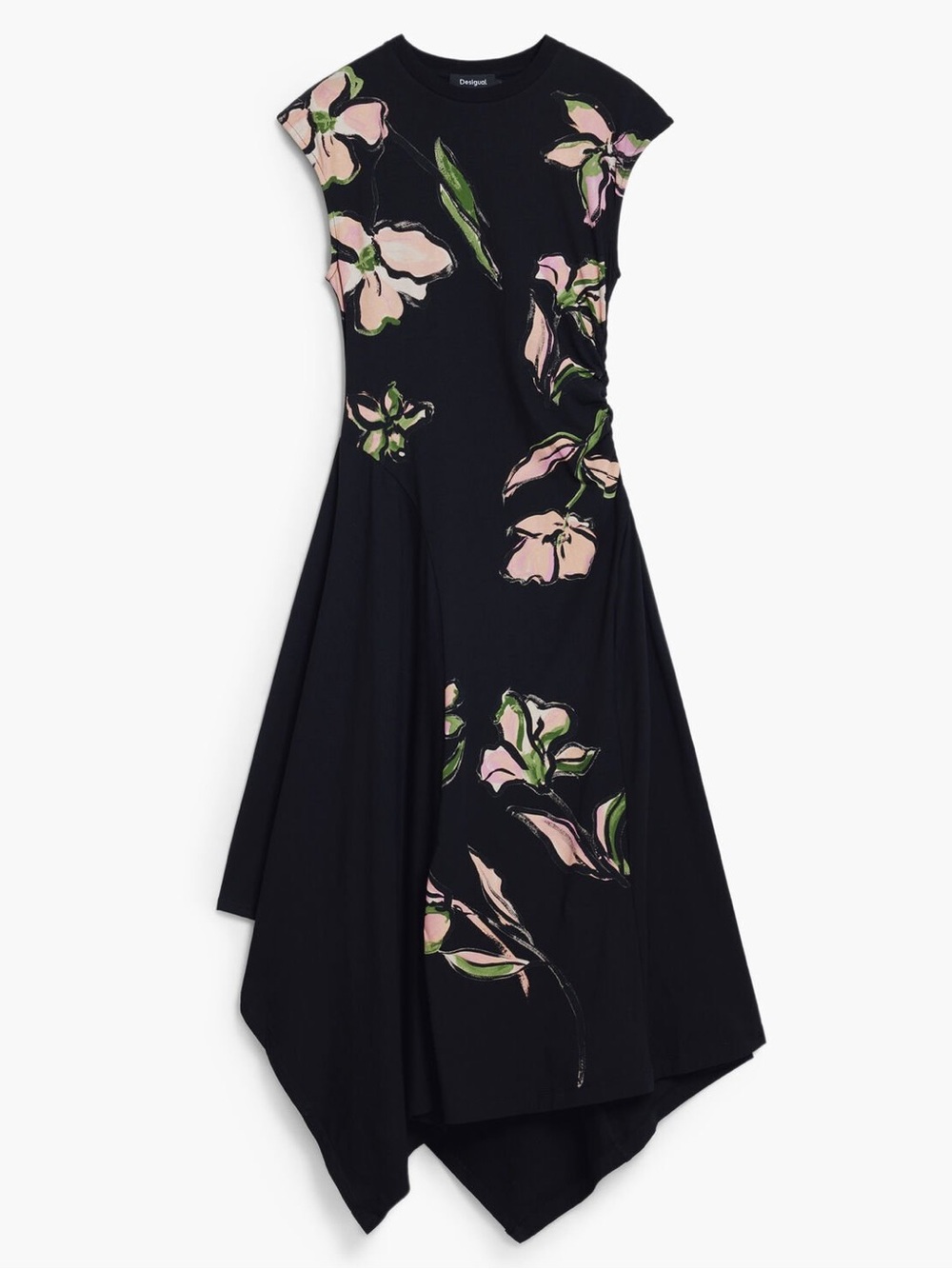 Desigual Irregular Floral Midi Dress Women’s XL Black Asymmetrical NWOT
